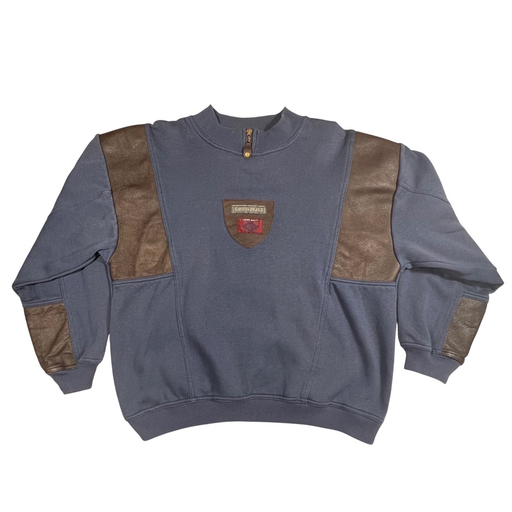 Vintage Expressions Pullover Sweatshirt Leather Accents Mens Lg‎ Blue Y2K 90s